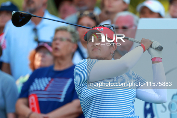 GAINESVILLE, VIRGINIA - SEPTEMBER 14: Lilia Vu of Team USA hits from the 15th tee during Day Two of the Solheim Cup at Robert Trent Jones Go...