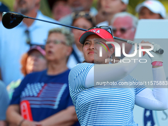 GAINESVILLE, VIRGINIA - SEPTEMBER 14: Lilia Vu of Team USA hits from the 15th tee during Day Two of the Solheim Cup at Robert Trent Jones Go...