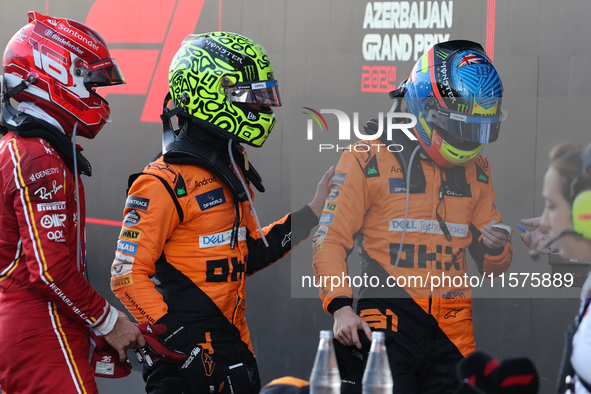 Charles Leclerc of Ferrari, Lando Norris and Oscar Piastri of McLaren after the Formula 1 Grand Prix of Azerbaijan at Baku City Circuit in B...