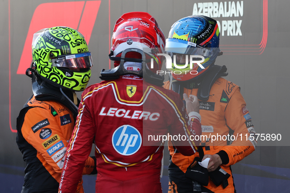 Lando Norris of McLaren, Charles Leclerc of Ferrari and Oscar Piastri of McLaren after the Formula 1 Grand Prix of Azerbaijan at Baku City C...