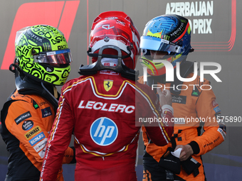 Lando Norris of McLaren, Charles Leclerc of Ferrari and Oscar Piastri of McLaren after the Formula 1 Grand Prix of Azerbaijan at Baku City C...