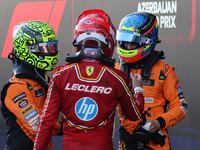 Lando Norris of McLaren, Charles Leclerc of Ferrari and Oscar Piastri of McLaren after the Formula 1 Grand Prix of Azerbaijan at Baku City C...