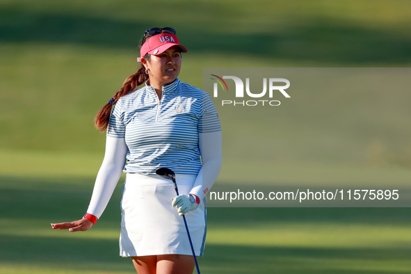 GAINESVILLE, VIRGINIA - SEPTEMBER 14: Lilia Vu of Team USA gestures after hitting from the 15th fairway during Day Two of the Solheim Cup at...