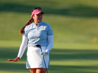 GAINESVILLE, VIRGINIA - SEPTEMBER 14: Lilia Vu of Team USA gestures after hitting from the 15th fairway during Day Two of the Solheim Cup at...