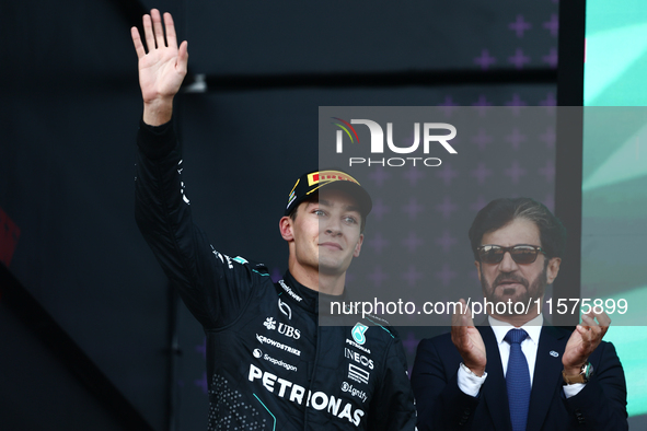 George Russell of Mercedes and Mohammed Ben Sulayem after the Formula 1 Grand Prix of Azerbaijan at Baku City Circuit in Baku, Azerbaijan on...