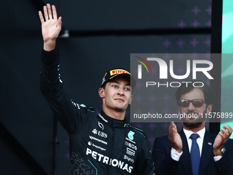 George Russell of Mercedes and Mohammed Ben Sulayem after the Formula 1 Grand Prix of Azerbaijan at Baku City Circuit in Baku, Azerbaijan on...