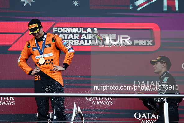 Oscar Piastri of McLaren and George Russell of Mercedes after the Formula 1 Grand Prix of Azerbaijan at Baku City Circuit in Baku, Azerbaija...