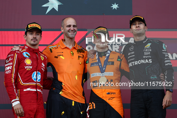 Charles Leclerc of Ferrari, Oscar Piastri of McLaren and George Russell of Mercedes after the Formula 1 Grand Prix of Azerbaijan at Baku Cit...