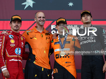 Charles Leclerc of Ferrari, Oscar Piastri of McLaren and George Russell of Mercedes after the Formula 1 Grand Prix of Azerbaijan at Baku Cit...