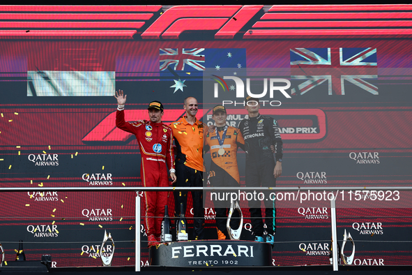 Charles Leclerc of Ferrari, Oscar Piastri of McLaren and George Russell of Mercedes after the Formula 1 Grand Prix of Azerbaijan at Baku Cit...