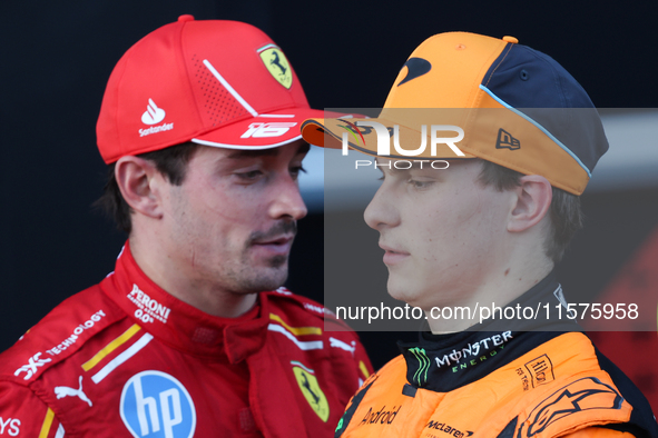 Charles Leclerc of Ferrari and Oscar Piastri of McLaren after the Formula 1 Grand Prix of Azerbaijan at Baku City Circuit in Baku, Azerbaija...