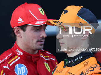 Charles Leclerc of Ferrari and Oscar Piastri of McLaren after the Formula 1 Grand Prix of Azerbaijan at Baku City Circuit in Baku, Azerbaija...