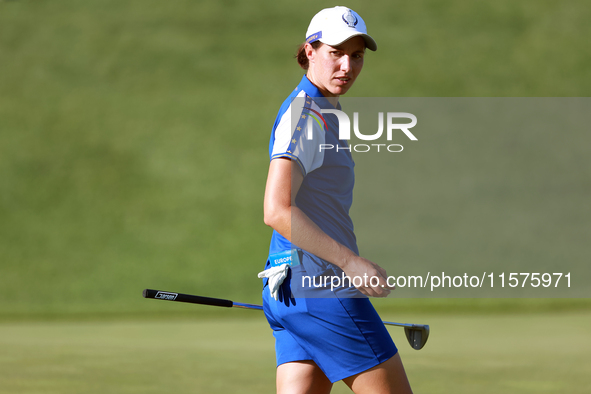 GAINESVILLE, VIRGINIA - SEPTEMBER 14:  Carlota Ciganda of Team Europe walks on the 14th green during Day Two of the Solheim Cup at Robert Tr...