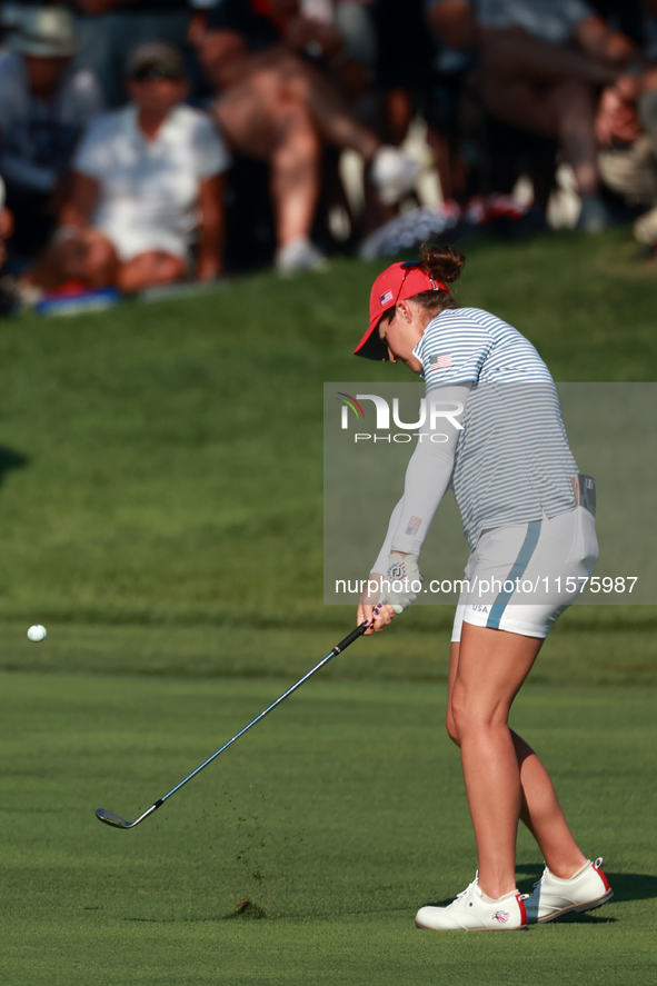 GAINESVILLE, VIRGINIA - SEPTEMBER 14: Ally Ewing of the United States hits from the 14th fairway during Day Two of the Solheim Cup at Robert...