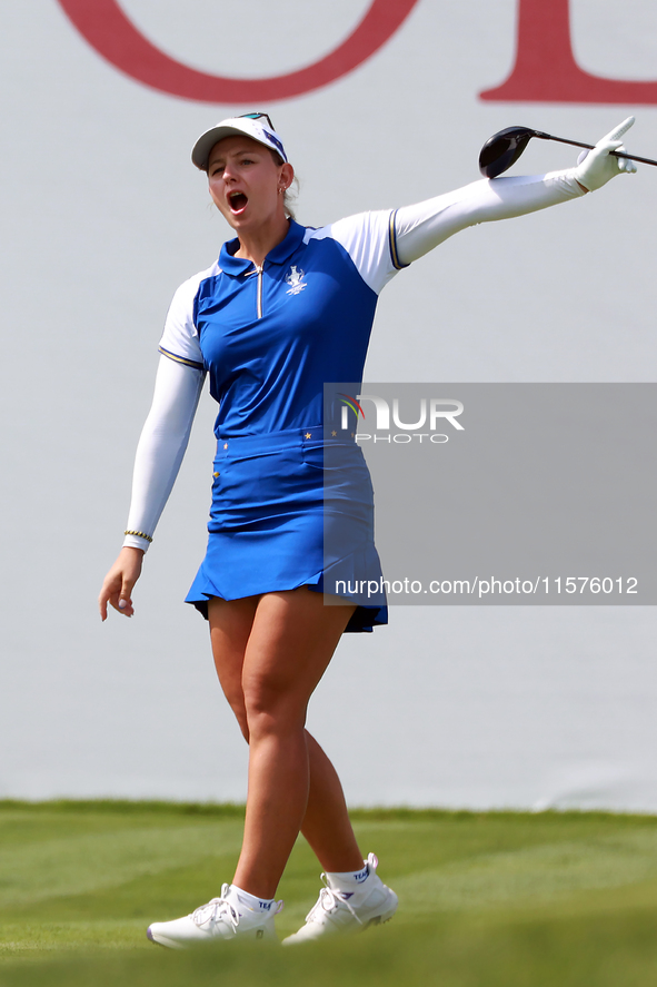 GAINESVILLE, VIRGINIA - SEPTEMBER 14: Emily Kristine Pedersen of Team Europe calls out after hitting from the first tee during Day Two of th...