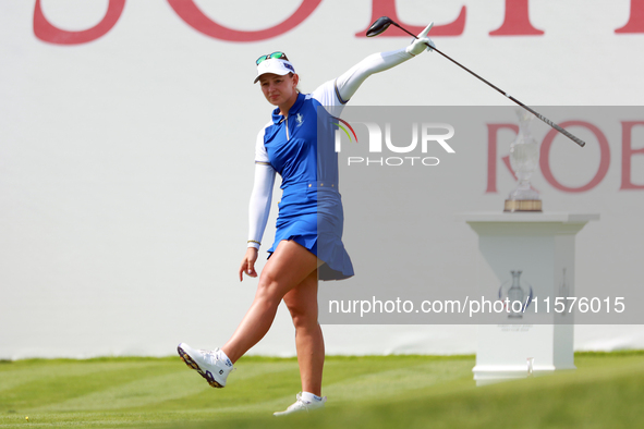 GAINESVILLE, VIRGINIA - SEPTEMBER 14: Emily Kristine Pedersen of Team Europe gestures after hitting from the first tee during Day Two of the...