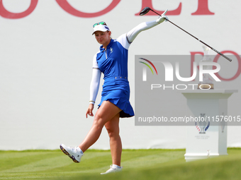 GAINESVILLE, VIRGINIA - SEPTEMBER 14: Emily Kristine Pedersen of Team Europe gestures after hitting from the first tee during Day Two of the...