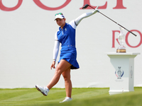 GAINESVILLE, VIRGINIA - SEPTEMBER 14: Emily Kristine Pedersen of Team Europe gestures after hitting from the first tee during Day Two of the...