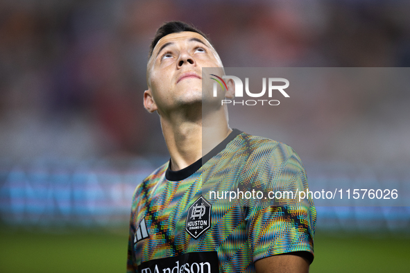 Houston Dynamo forward Ezequiel Ponce (10) warms up ahead of a match against Real Salt Lake at Shell Energy Stadium in Houston, Texas, on Se...