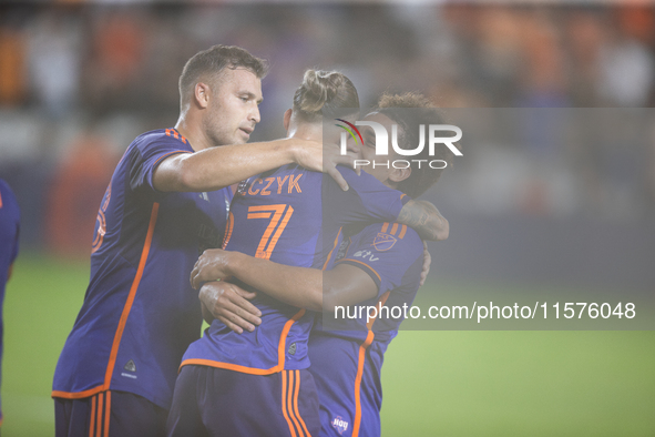 Houston Dynamo celebrate after a goal during a match between Houston Dynamo and Real Salt Lake at Shell Energy Stadium in Houston, Texas, on...