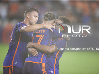 Houston Dynamo celebrate after a goal during a match between Houston Dynamo and Real Salt Lake at Shell Energy Stadium in Houston, Texas, on...