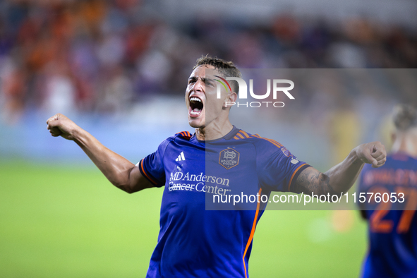 Houston Dynamo forward Ezequiel Ponce (10) celebrates after scoring a goal during a match between Houston Dynamo and Real Salt Lake at Shell...