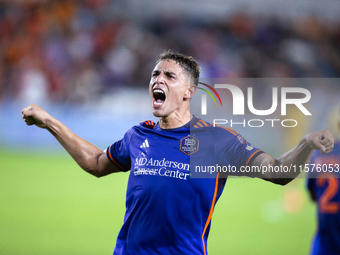 Houston Dynamo forward Ezequiel Ponce (10) celebrates after scoring a goal during a match between Houston Dynamo and Real Salt Lake at Shell...