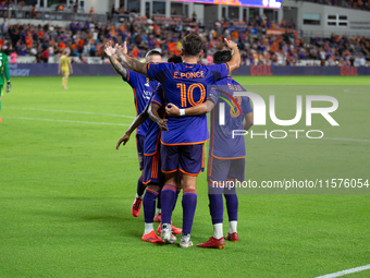 Houston Dynamo celebrate after a goal during a match between Houston Dynamo and Real Salt Lake at Shell Energy Stadium in Houston, Texas, on...