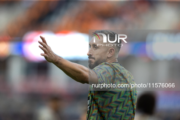 Houston Dynamo team captain Hector Herrera waves at fans during a match between Houston Dynamo and Real Salt Lake at Shell Energy Stadium in...