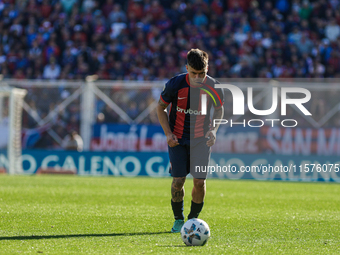 Matias Reali of San Lorenzo plays the ball during a match between San Lorenzo and Velez as part of Copa de la Liga 2024 at Estadio Pedro Bid...