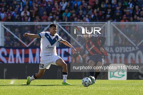 Nahuel Bustos of San Lorenzo plays the ball during a match between San Lorenzo and Velez as part of Copa de la Liga 2024 at Estadio Pedro Bi...