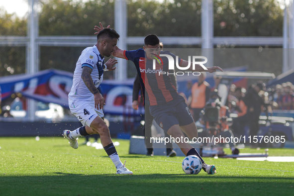 Alexis Cuello of San Lorenzo plays the ball during a match between San Lorenzo and Velez as part of Copa de la Liga 2024 at Estadio Pedro Bi...