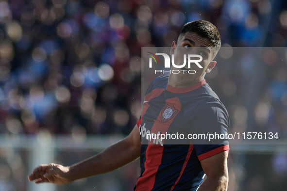 Alexis Cuello of San Lorenzo gestures during the match between San Lorenzo and Velez as part of Copa de la Liga 2024 at Estadio Pedro Bidega...