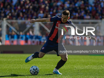 Malcom Braida of San Lorenzo plays the ball during a match between San Lorenzo and Velez as part of Copa de la Liga 2024 at Estadio Pedro Bi...