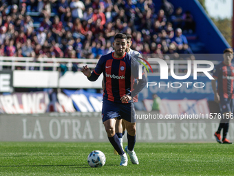 Nahuel Bustos of San Lorenzo plays the ball during a match between San Lorenzo and Velez as part of Copa de la Liga 2024 at Estadio Pedro Bi...