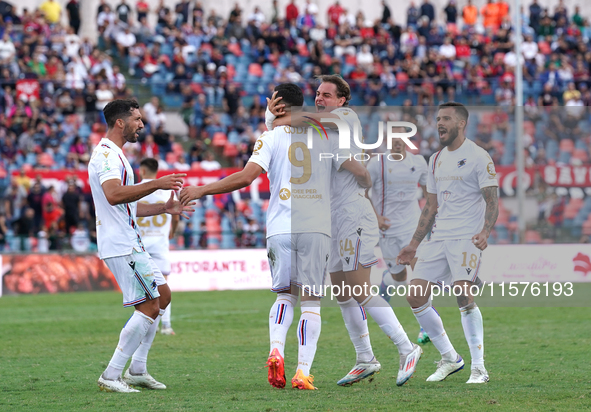 Players of Sampdoria celebrate a goal during the Serie B match between Cosenza and Sampdoria at the Stadio ''Gigi Marulla'' in Cosenza, Ital...