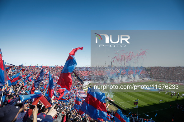 Fans of San Lorenzo cheer for their team before a match between San Lorenzo and Velez as part of Copa de la Liga 2024 at Estadio Pedro Bideg...