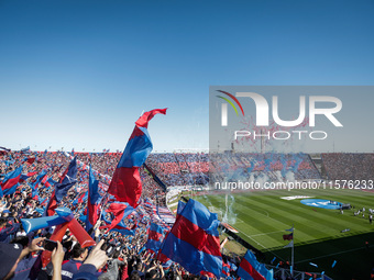 Fans of San Lorenzo cheer for their team before a match between San Lorenzo and Velez as part of Copa de la Liga 2024 at Estadio Pedro Bideg...