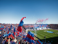 Fans of San Lorenzo cheer for their team before a match between San Lorenzo and Velez as part of Copa de la Liga 2024 at Estadio Pedro Bideg...