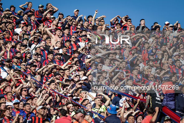 Fans of San Lorenzo cheer for their team during a match between San Lorenzo and Velez as part of Copa de la Liga 2024 at Estadio Pedro Bideg...