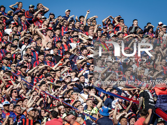 Fans of San Lorenzo cheer for their team during a match between San Lorenzo and Velez as part of Copa de la Liga 2024 at Estadio Pedro Bideg...