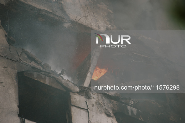 A part of the building is destroyed by a Russian airstrike, in Kharkiv, Ukraine, on September 15, 2024. 