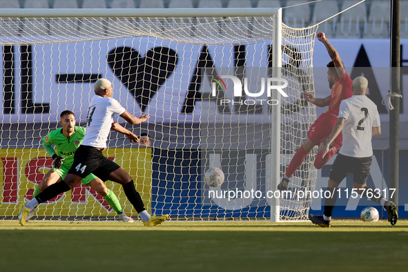 Maxuel Maia of Birkirkara shoots at the Hibernians goal during the Malta 360 Sports Premier League soccer match between Hibernians and Birki...