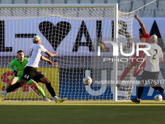 Maxuel Maia of Birkirkara shoots at the Hibernians goal during the Malta 360 Sports Premier League soccer match between Hibernians and Birki...