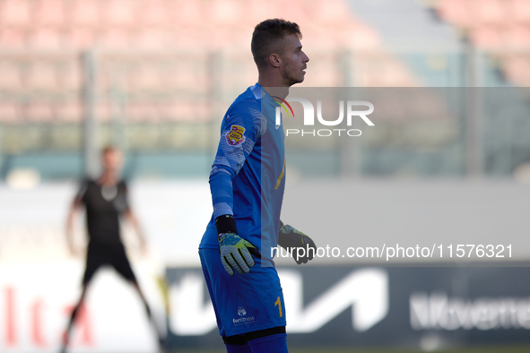 Giacomo Volpe, goalkeeper of Birkirkara, is in action during the Malta 360 Sports Premier League soccer match between Hibernians and Birkirk...