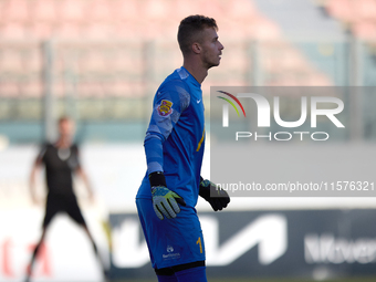 Giacomo Volpe, goalkeeper of Birkirkara, is in action during the Malta 360 Sports Premier League soccer match between Hibernians and Birkirk...