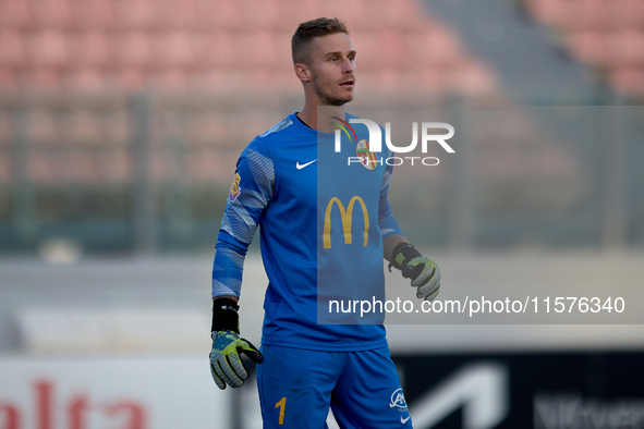 Giacomo Volpe, goalkeeper of Birkirkara, gestures during the Malta 360 Sports Premier League soccer match between Hibernians and Birkirkara...