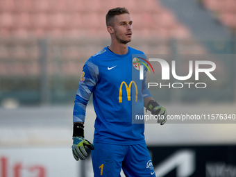 Giacomo Volpe, goalkeeper of Birkirkara, gestures during the Malta 360 Sports Premier League soccer match between Hibernians and Birkirkara...