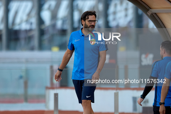 Stefano De Angelis, head coach of Birkirkara, gestures during the Malta 360 Sports Premier League soccer match between Hibernians and Birkir...