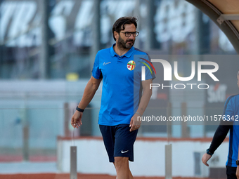 Stefano De Angelis, head coach of Birkirkara, gestures during the Malta 360 Sports Premier League soccer match between Hibernians and Birkir...